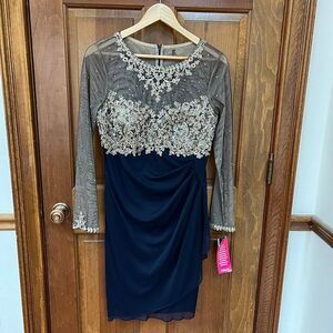 Xscape Navy and Gold Evening Gown - NWT Size 8